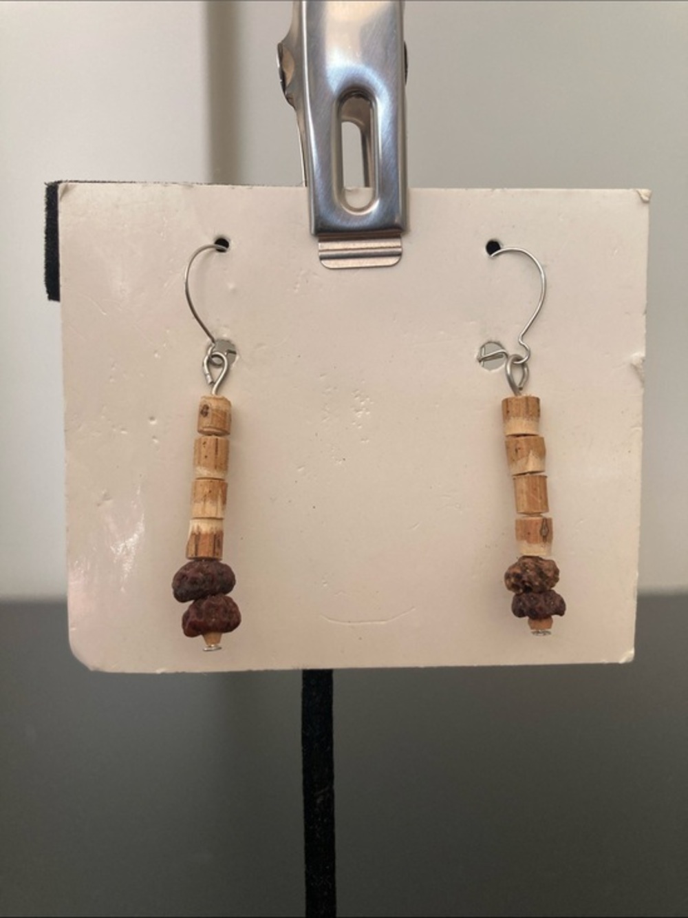 Handcrafted Natural Wood and Brown Bead Dangle Earrings